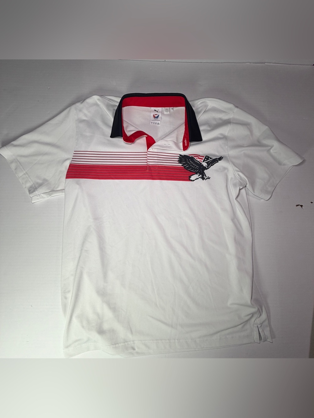 Volition America and Puma collab White Polo with Red Stripe and Black Eagle